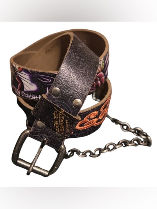Ed Hardy Other - Ed Hardy by Christian Audigier Vintage Y2K Tattoo Belt With Chain (Size L) - EUC